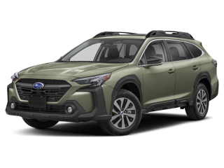 A dark green Subaru Outback Wilderness SUV with roof rails and a rugged front bumper, angled right.