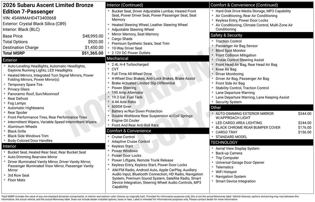 2026 Subaru ASCENT Limited Bronze Edition 7-Passenger