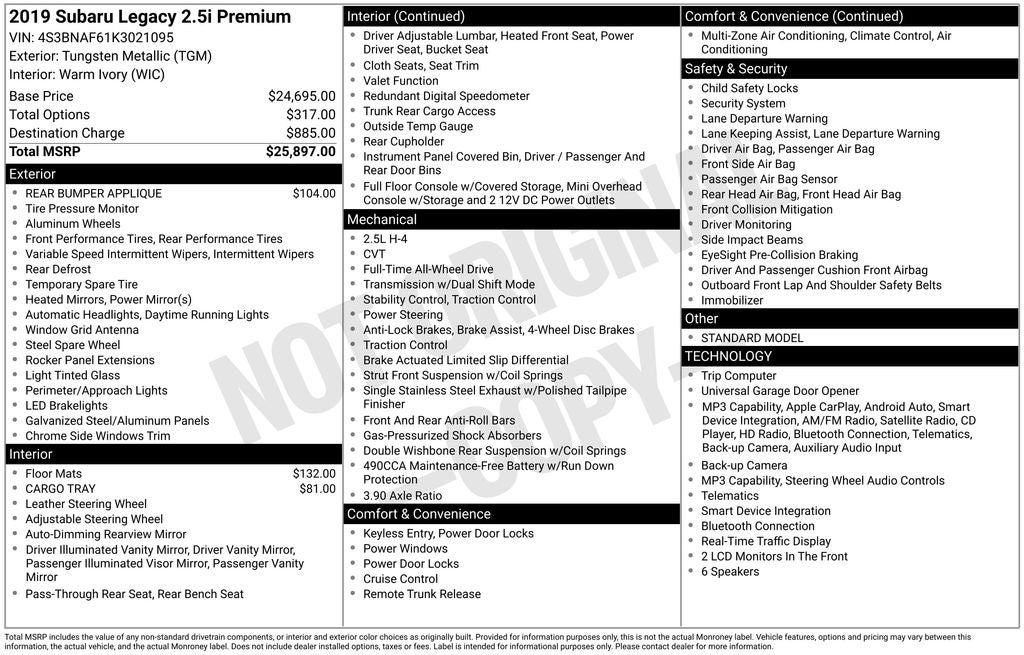 2019 Subaru Legacy 2.5i Premium