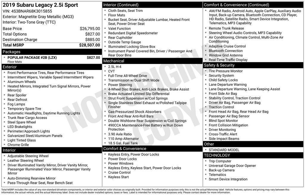 2019 Subaru Legacy 2.5i Sport