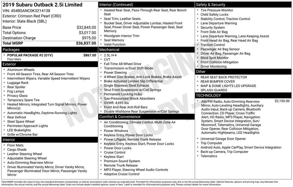 2019 Subaru Outback 2.5i Limited